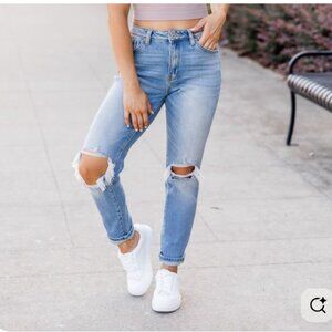 Kankan Womens Distressed High Wasted Mom Jeans